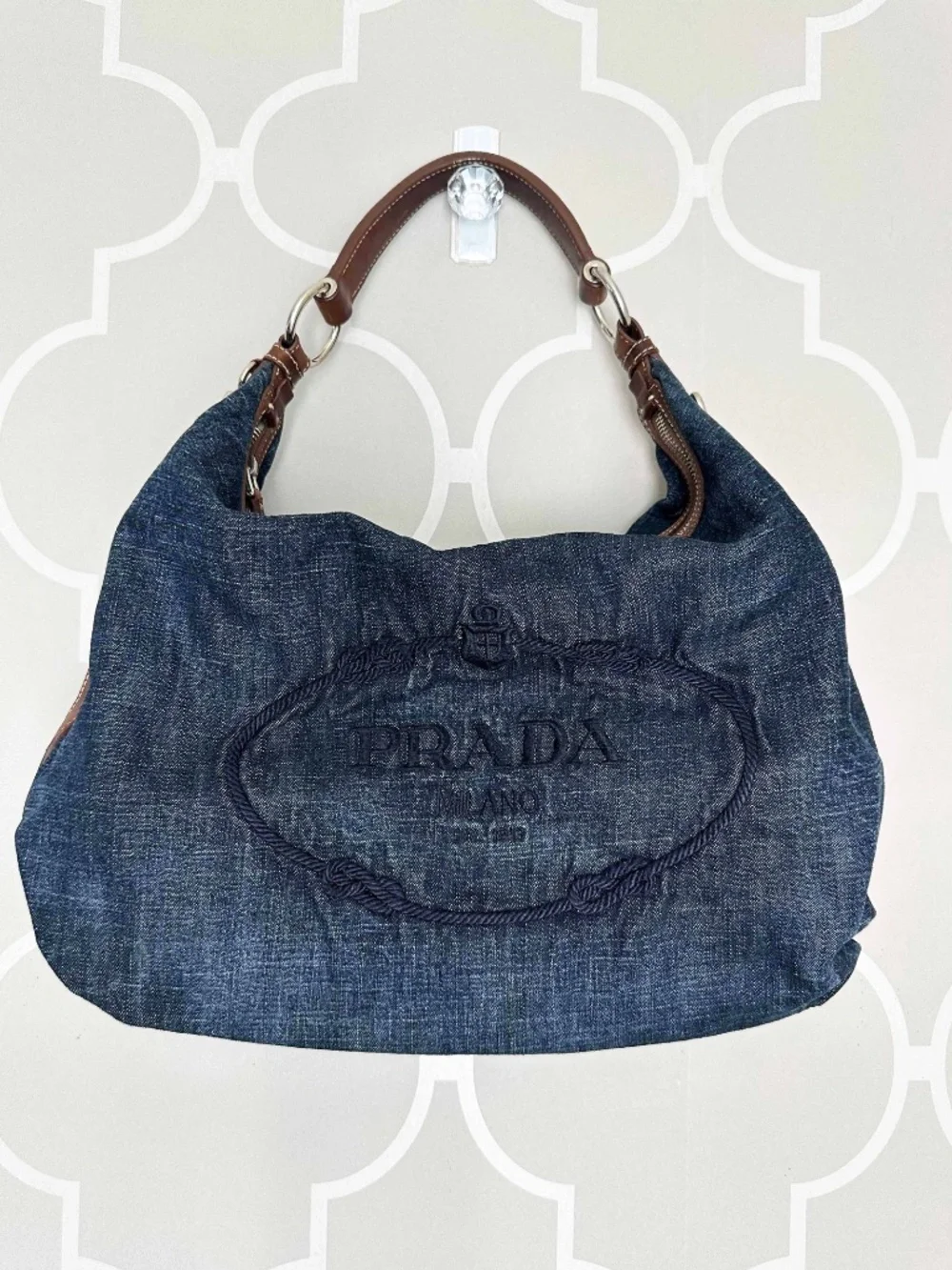 Vintage Prada Denim Hobo Bag 1990s | Embroidered Prada Milano Logo | Italy